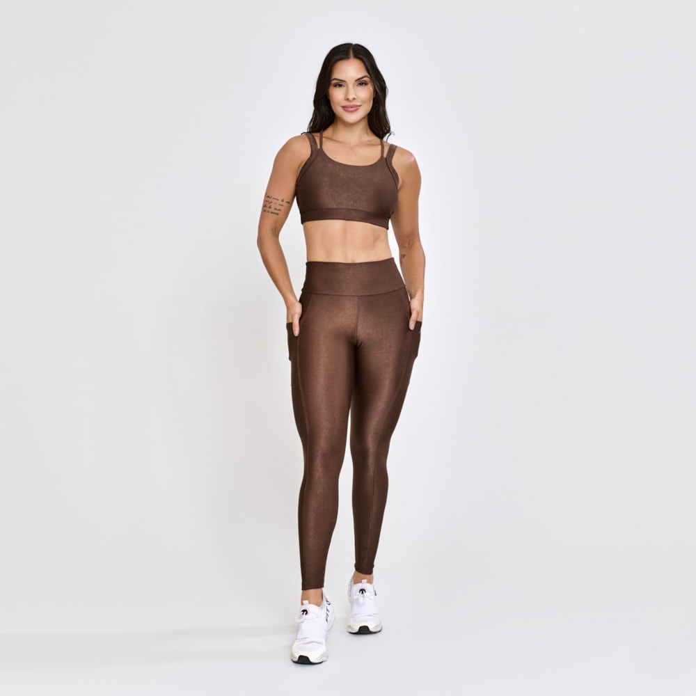 Top + Legging Micro Canelado com Bolsos Chocolate