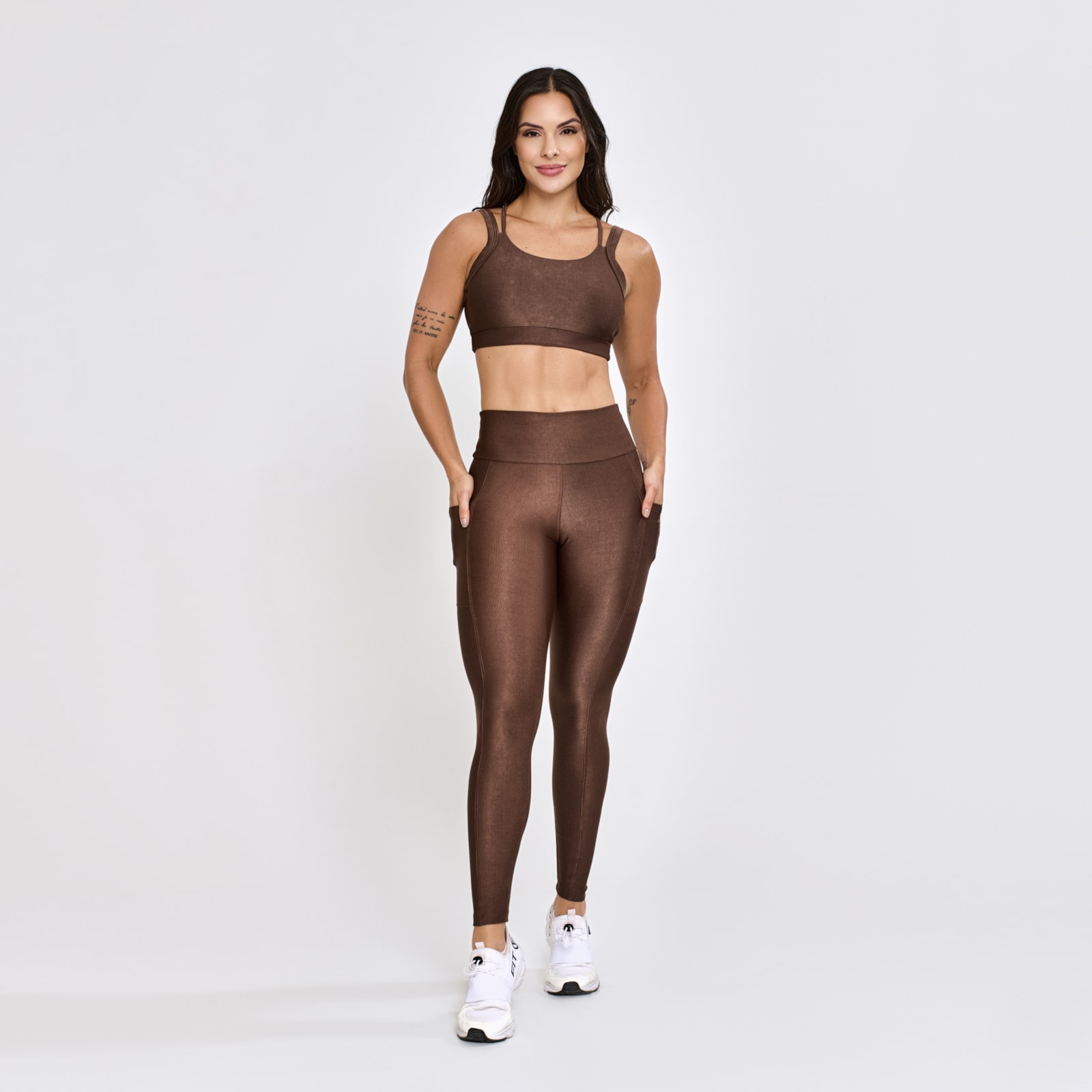 Top + Legging Micro Canelado com Bolsos Chocolate