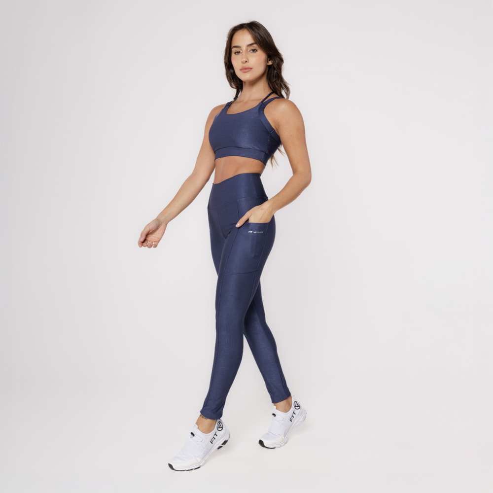 Top + Legging Micro Canelado com Bolsos Marinho