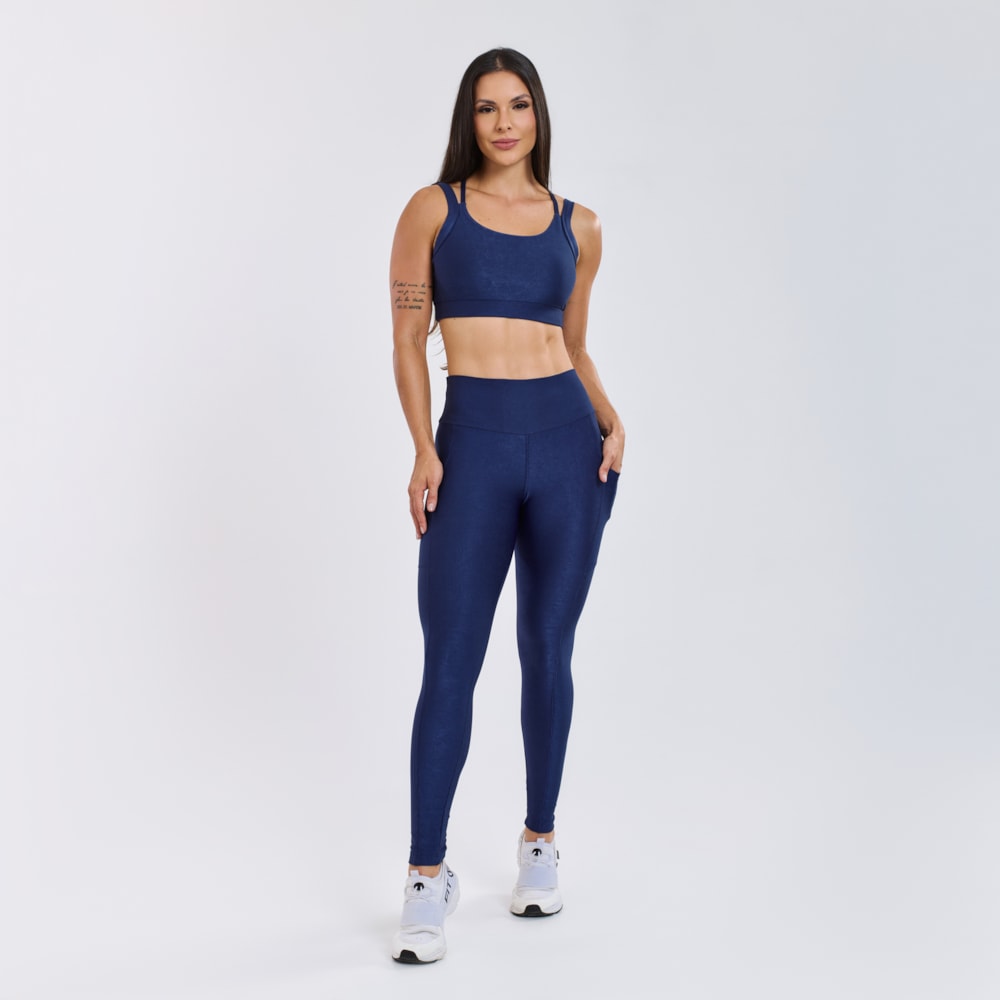 Top + Legging Micro Canelado com Bolsos Marinho
