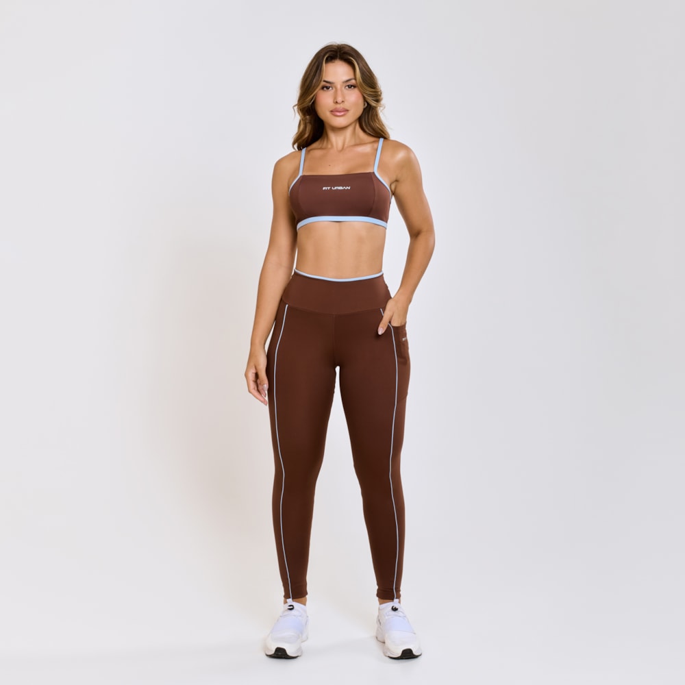 Top + Legging Poliamida Duo com Bolso Café