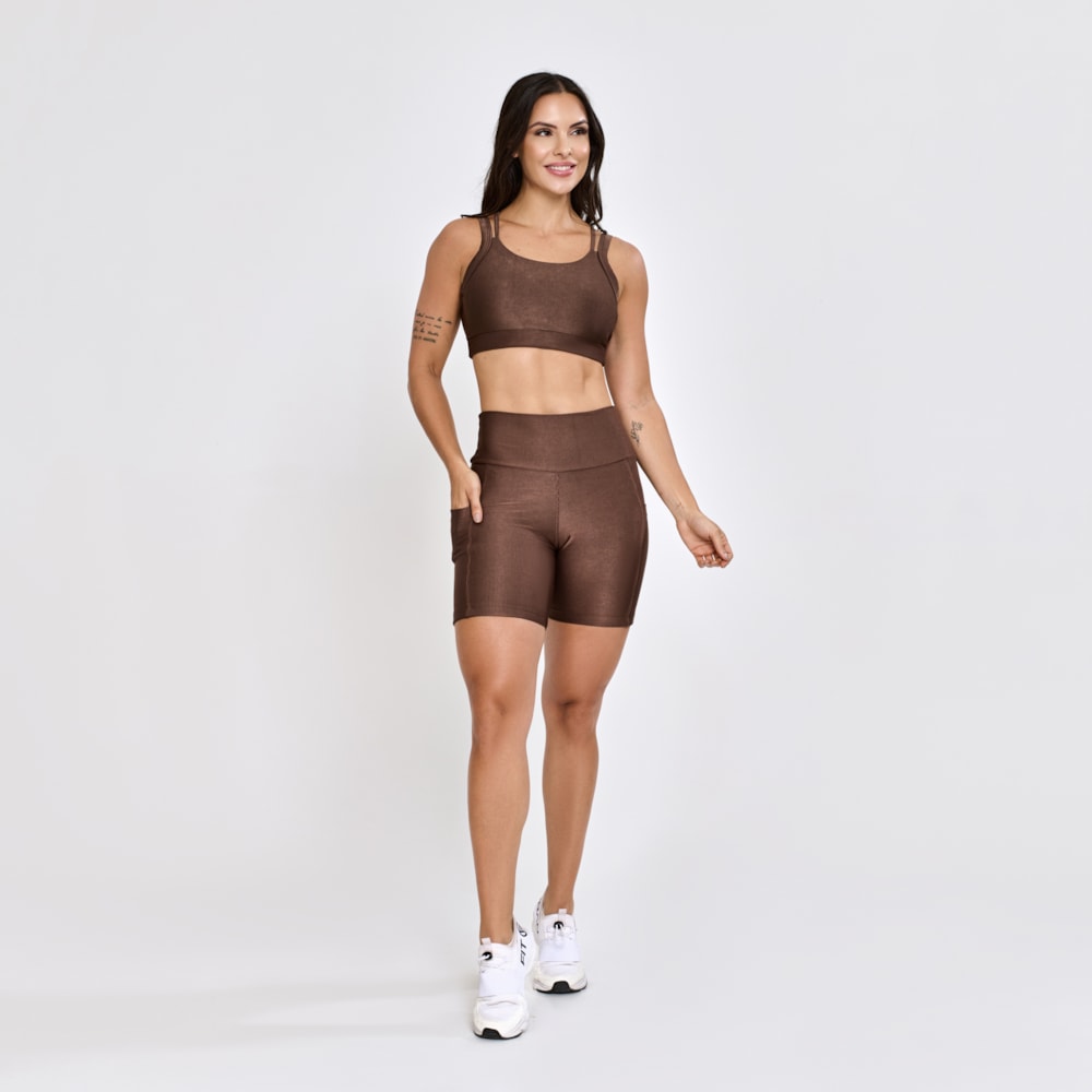 Top + Short Micro Canelado com Bolsos Chocolate